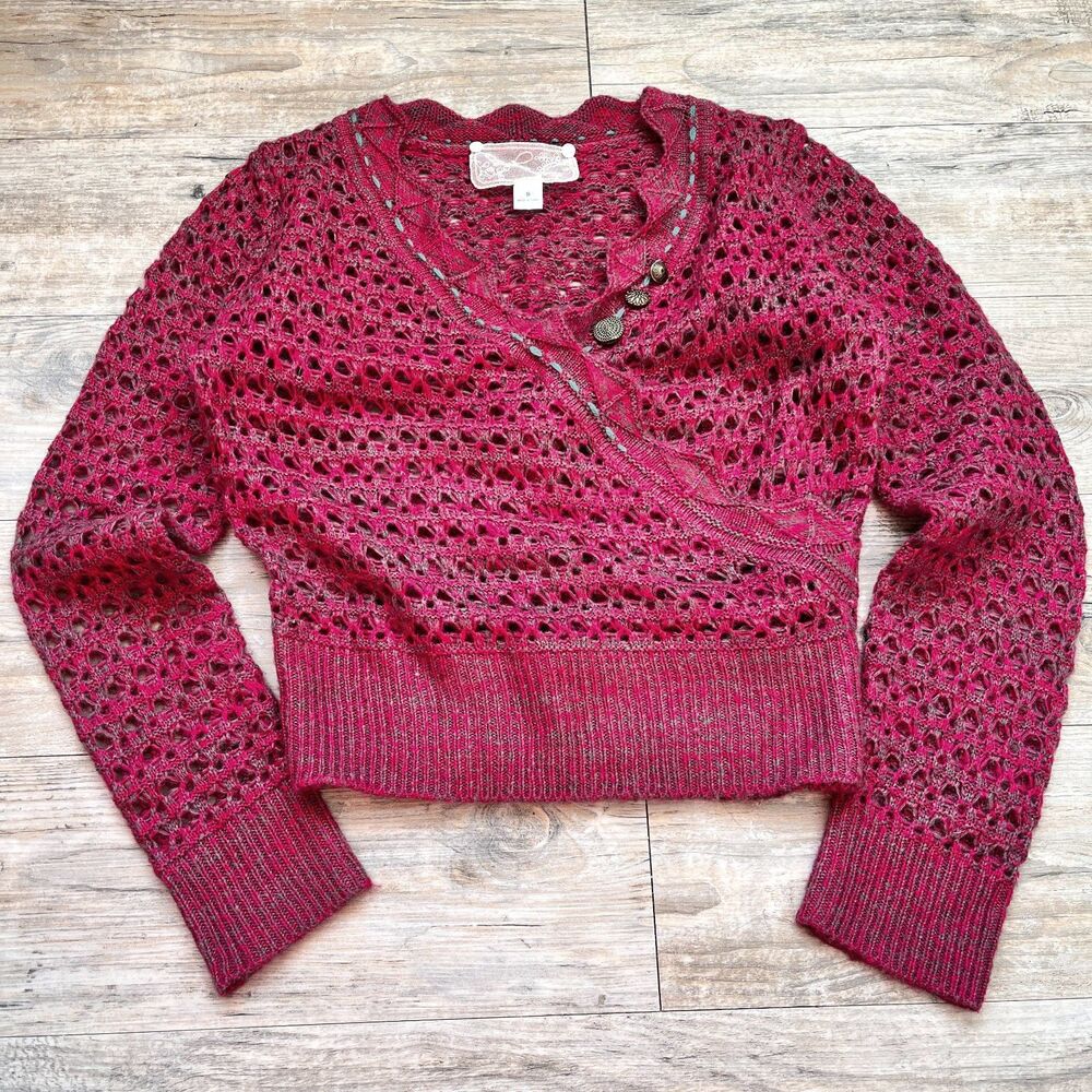 Anthropologie Nick & Mo Red Crochet Cardigan Wrap Small Scalloped Edges Y2K